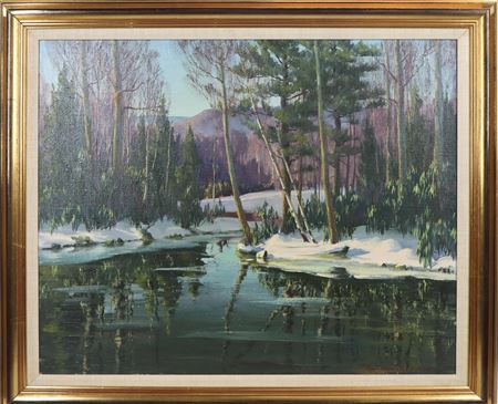 Winter landscape with a stream meandering through snow convered trees