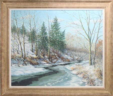 Winter landscape with a partially ice convered stream