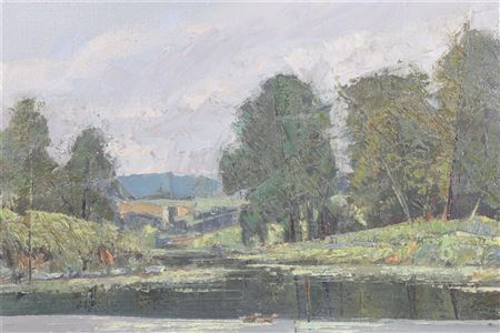 Modernist landscape overlooking a lake