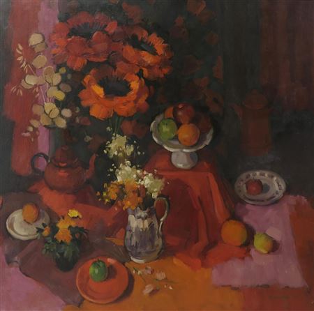 STILL LIFE IN RED WITH POPPIES