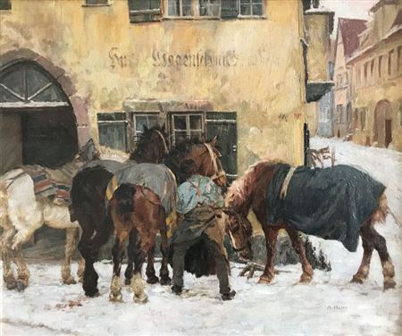 Pferde im Winter vor einer Schmiede wartend