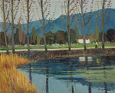 Landscape with lake and character