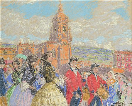 Parade in Bilbao with the Church of San Anton in the background