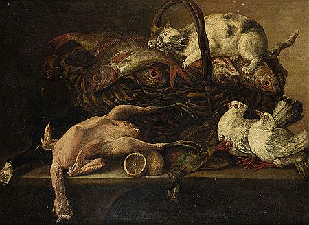 Still life with birds and a cat on a fish basket 1788