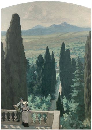 The terrace and the cypresses of the Villa d'Este in Tivoli