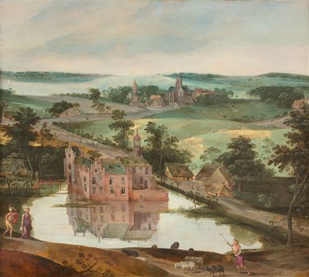 Castle in a landscape with a shepherd