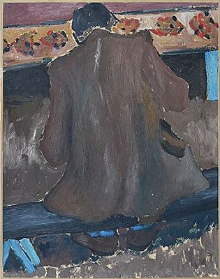Man seated on a bench, from behind