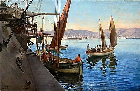 Visiting the battleship in the harbor of Toulon, 1906 by Gustave Bourgain - Auction record, sale price, and art valuation. Compare with similar artists and explore comparable artworks.
