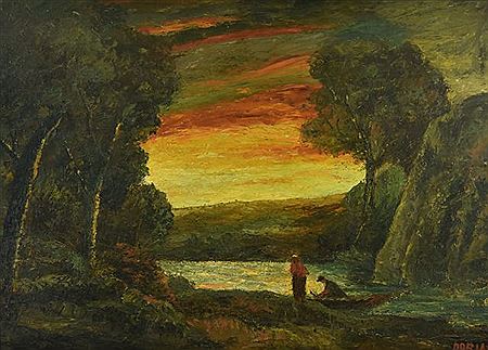 Walkers near the river at dusk