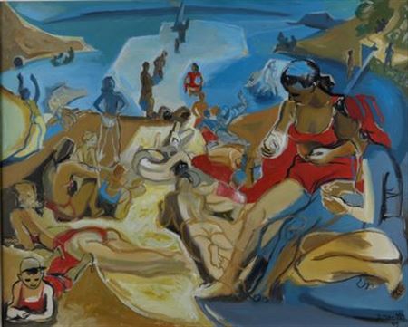 Sample artwork by Georges Manillier (1906 - 1981), known for astract image painting, figures in landscape - View similar artists and auction records