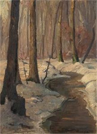 Winter interior of the forest with a stream/verso garden with farmer's cottage