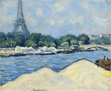 View of the Eiffel Tower from the Seine. 1914.