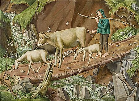 Shepherd on the footbridge, around 1925