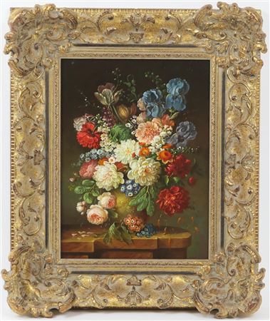 Still life of flowers in a vase on a ledge