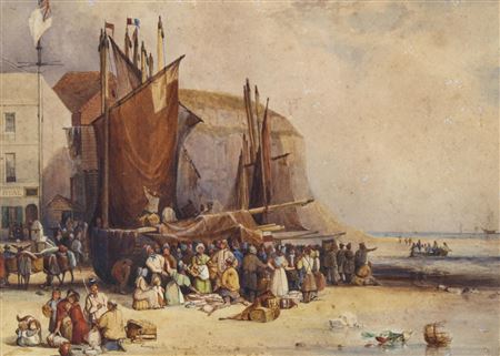 Fish market Hastings by Thomas Brabazon Aylmer - Auction record, sale price, and art valuation. Compare with similar artists and explore comparable artworks.