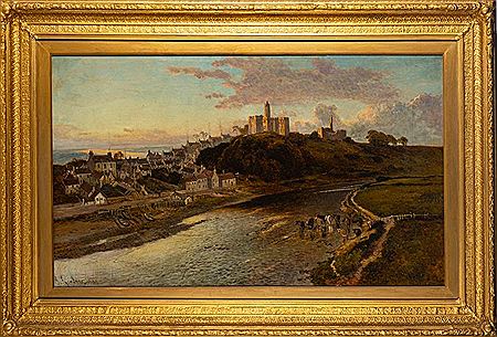 Evening: a riverside townscape, cattle watering in the foreground, view to a castle and tower beyond