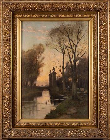 Sunset over the gateway to an estate, woodsman in the foreground by Marinus Gidding - Auction record, sale price, and art valuation. Compare with similar artists and explore comparable artworks.