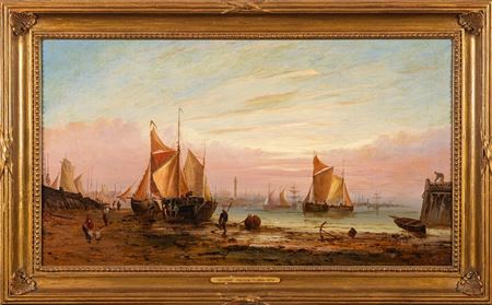 A beach scene with a busy harbour beyond; and a companion piece (2)
