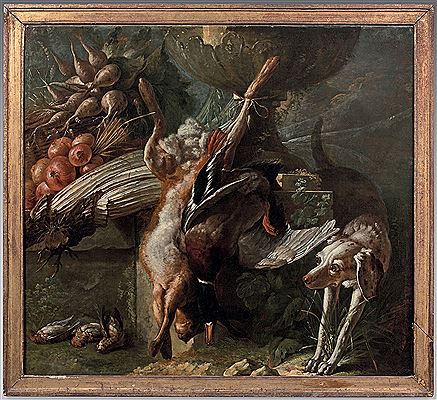 Still life with mallards, hares and larks in front of a pointing dog