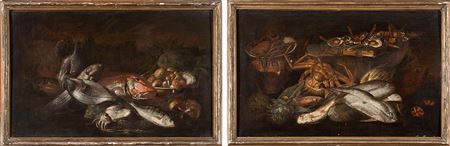 A) Red mullet, octopus, sea bream and mushroom platter on one platter b) Crab, artichokes, a side dish with oysters and an amphora with an octopus
