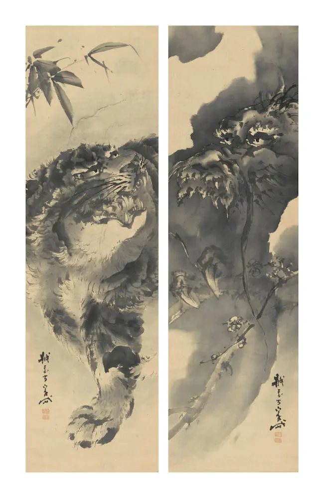 A pair of hanging scrolls in ink on paper depicting on the right scroll a dragon grasping in its claws a branch of flowering prunus, and on the left scroll a tiger under a sprig of bamboo grass