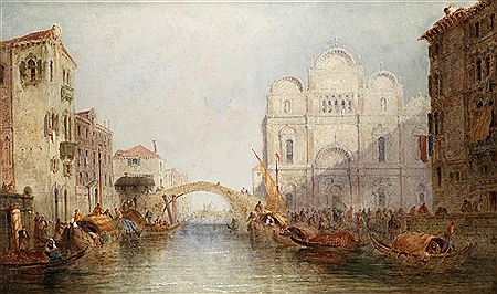 A busy day on a Venetian canal with a view of the Scuola Grande di San Marco