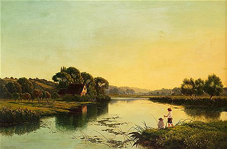 Two boys fishing in a river landscape at sunset