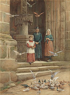 Feeding the birds on the church steps by John Edward Goodall - Auction record, sale price, and art valuation. Compare with similar artists and explore comparable artworks.