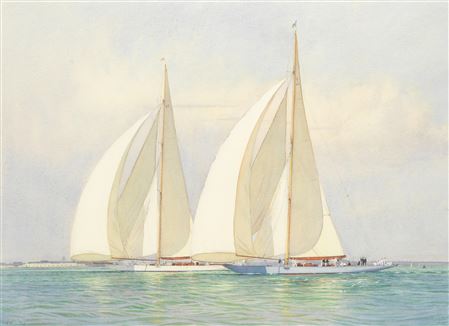 Light airs and a flowing tide. Candida and Shamrock V running off Portsmouth