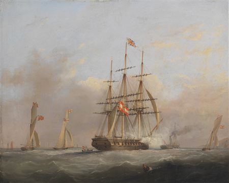 'The Bellona Commanded by H.I.H. The Archduke Frederic of Austria leaving Plymouth Sept 16th 1842 accompanied by Admirals Sir David Milne & Sir S.Pym. & T. Fox Junr Esqr Austrian Consul' by Nicholas Matthew Condy - Auction record, sale price, and art valuation. Compare with similar artists and explore comparable artworks.