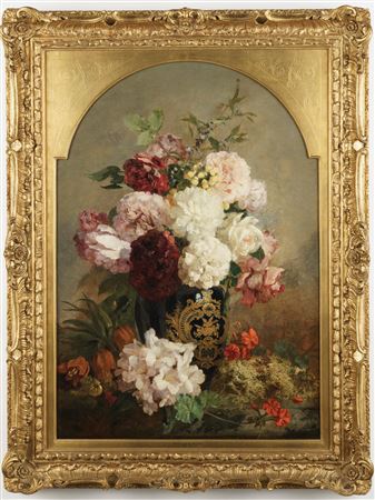 Peonies, roses, geraniums and perlargionums in a blue and gilded porcelain vase