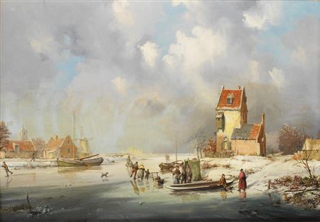 Dutch winter landscape with figures skating