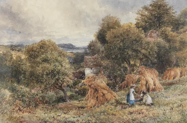 Haymaking landscape and cottage