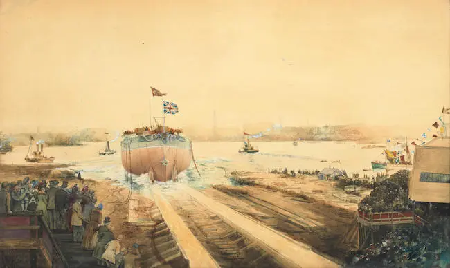 Launch of HMS Victoria from the Elswick shipyard of Sir W. G. Armstrong Whitworth and Co. Ltd Newcastle-upon-Tyne by George Edward Horton - Auction record, sale price, and art valuation. Compare with similar artists and explore comparable artworks.
