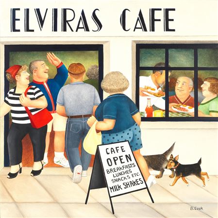 Breakfast at Elviras by Beryl Cook - Auction record, sale price, and art valuation. Compare with similar artists and explore comparable artworks.