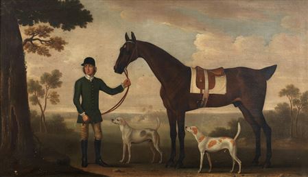 A brown thoroughbred, traditionally identified as 'Spanking Roger', held by a groom before an extensive landscape
