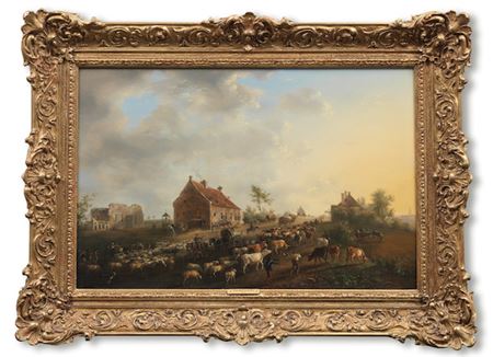 Sheep and cattle being led to market at sunrise; and A cattle market in a small town