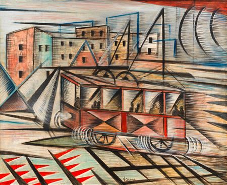 Dinamismo di un tramvetto + città by Vittorio Corona - Auction record, sale price, and art valuation. Compare with similar artists and explore comparable artworks.