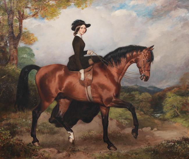Equestrian portrait of Sarah Conolly of Castletown, mounted side saddle on a light bay hunter in a landscape
