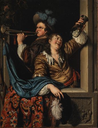 A trumpeter at a casement window with another figure holding an upturned wine glass by Willem Van Mieris - Auction record, sale price, and art valuation. Compare with similar artists and explore comparable artworks.