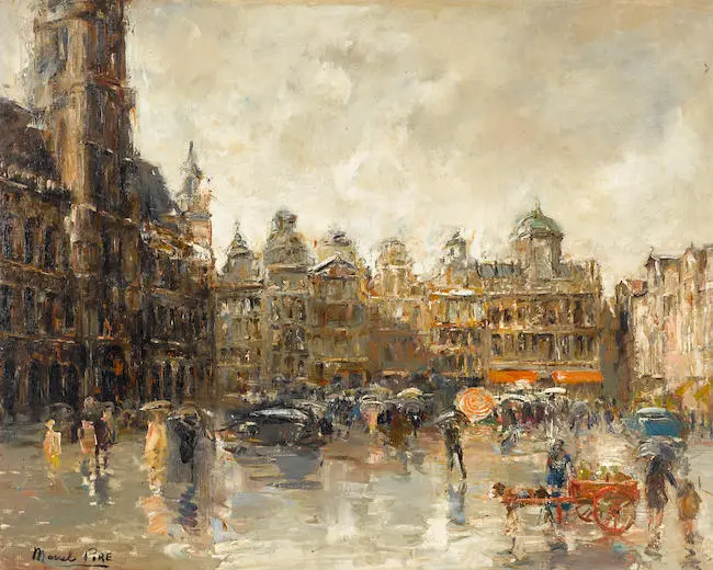 An active cityscape in the rain