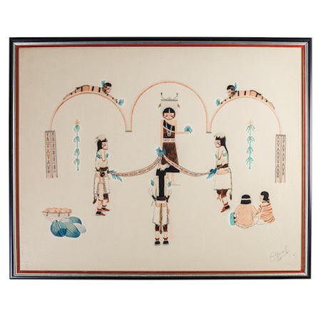 Four dancers and two clowns with two onlookers below by Abel (Oqwa Pi) Sanchez - Auction record, sale price, and art valuation. Compare with similar artists and explore comparable artworks.