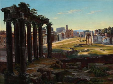Forum Romanum seen from the Capitoline Hill with Colosseum in the background