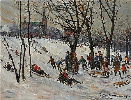 Children playing in the snow on a slope, with Roskilde Cathedral in the distance
