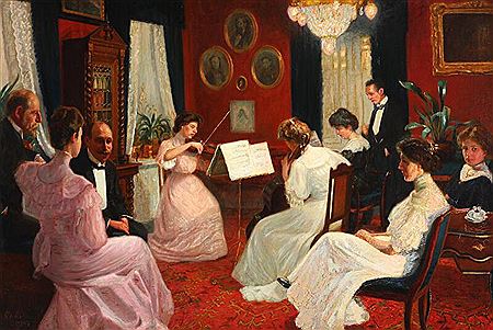 Living room interior with three women playing the violin and cello