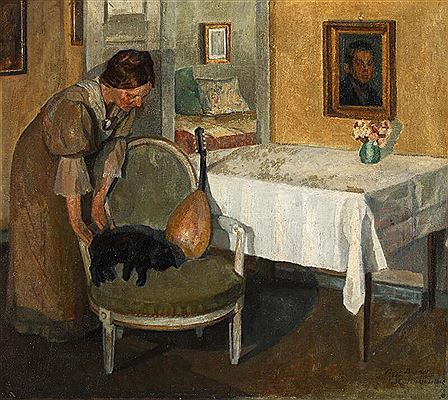 Interior with a woman looking at a sleeping cat by Viggo Brandt - Auction record, sale price, and art valuation. Compare with similar artists and explore comparable artworks.