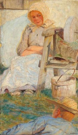 A farm girl and a man resting in the grass.