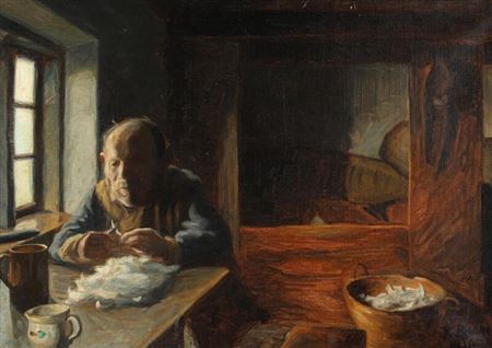 A man plucks a bird in a peasant's home.