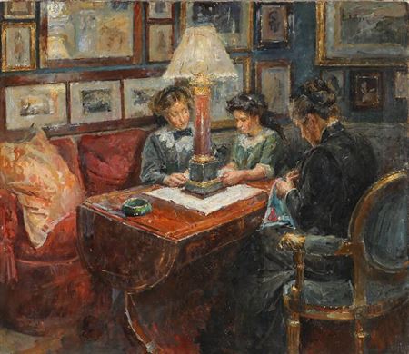 Interior with three women at a table. by Hans Hendrik Henningsen - Auction record, sale price, and art valuation. Compare with similar artists and explore comparable artworks.