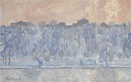 “Frost”. View of Moscow Park in snow and enlightened by the winter sun